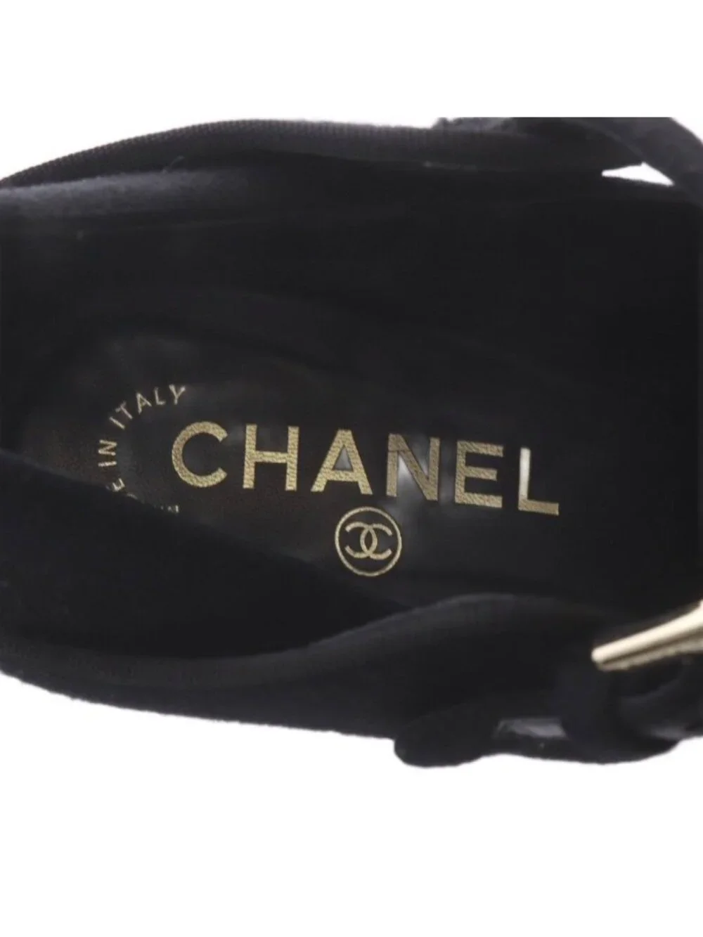 Chanel Pumps Chunky Heel CC Logo Strap Felt Patent Leather Black